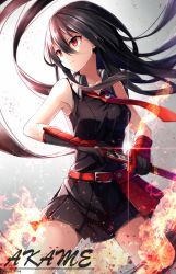 Rule 34 | 10s, 1girl, akame (akame ga kill!), akame ga kill!, bare arms, belt, black hair, breasts, character name, collar, collarbone, elbow gloves, fire, gloves, highres, long hair, looking away, necktie, red eyes, rin yuu, skirt, solo, sword, weapon