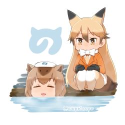 Rule 34 | &gt;:/, 10s, 2girls, :/, :3, :d, = =, animal ears, artist name, bad id, bad pixiv id, bathing, black gloves, blazer, blonde hair, blush, bow, bowtie, brown hair, capriccyo, capybara (kemono friends), capybara ears, chibi, closed mouth, ezo red fox (kemono friends), fox ears, fox tail, fur trim, gloves, hair between eyes, jacket, japari symbol, japari symbol print, kemono friends, long hair, multicolored hair, multiple girls, necktie, open mouth, partially submerged, pleated skirt, shirt, skirt, smile, squatting, streaked hair, tail, towel, towel on head, twitter username, two-tone hair, v-shaped eyebrows, very long hair, water, white background, white bow, white bowtie, white shirt, white skirt, yellow necktie
