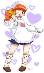 Rule 34 | 1girl, apron, blush, child, curly hair, hat, heart, hime cut, jewelry, long hair, necklace, nurse cap, orange hair, pajamas, ponytail, pop&#039;n music, purple eyes, rice, rie-chan (pop&#039;n music), scrunchie, side ponytail, skirt, slippers, smile, solo, standing, symbol-shaped pupils, umi no tarako, wink
