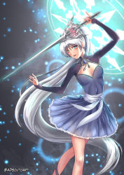 Rule 34 | 1girl, absurdly long hair, adsouto, cleavage, dress, highres, holding, holding sword, holding weapon, long hair, looking at viewer, ponytail, rapier, rwby, shirt, solo, sword, very long hair, weapon, weiss schnee, white shirt