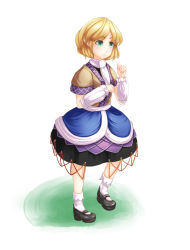Rule 34 | 1girl, arm warmers, bad id, bad pixiv id, blonde hair, bobby socks, female focus, furim, green eyes, leg up, looking away, mary janes, mizuhashi parsee, pointy ears, sash, scarf, shoes, short hair, simple background, skirt, socks, solo, touhou, vest, white background