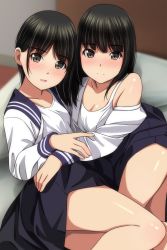 Rule 34 | 2girls, absurdres, black hair, black skirt, blurry, blurry background, blush, breasts, brown eyes, cleavage, closed mouth, highres, long sleeves, looking at viewer, matsunaga kouyou, multiple girls, original, parted lips, school uniform, shirt, short hair, sitting, skirt, small breasts, smile, thighs, white shirt