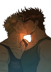 Rule 34 | 2boys, artist name, bandages, bara, battle tendency, blonde hair, blue tank top, brown hair, caesar anthonio zeppeli, catneylang, couple, closed eyes, facial mark, french kiss, gradient hair, green tank top, highres, injury, jojo no kimyou na bouken, joseph joestar, joseph joestar (young), kiss, light, male focus, manly, multicolored hair, multiple boys, muscular, open mouth, pectoral docking, pectoral press, pectorals, scar, simple background, sketch, tank top, thick eyebrows, upper body, white background, yaoi