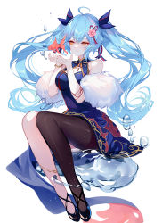 Rule 34 | 1girl, absurdres, ahoge, artist name, bare shoulders, black footwear, black legwear, blue dress, blue hair, blue ribbon, breasts, character request, chinese commentary, commentary request, copyright request, dress, feather boa, flower, hair flower, hair ornament, hair ribbon, hands up, highres, long hair, medium breasts, pink flower, ribbon, sheya, shoes, signature, single leg pantyhose, sitting, sleeveless, sleeveless dress, smile, solo, very long hair, virtual youtuber, water drop, yellow eyes