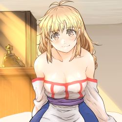 Rule 34 | 1girl, arc the lad, arc the lad ii, bare shoulders, blonde hair, breasts, brown eyes, cleavage, closed mouth, collarbone, commission, dress, highres, lieza (arc the lad), long hair, looking at viewer, shimura (hosshi), skeb commission, smile, solo
