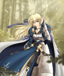 Rule 34 | 00s, 1girl, akatsuki akane, alternate hairstyle, armor, armored dress, artoria pendragon (all), artoria pendragon (fate), blonde hair, cape, character name, copyright name, dress, fate/stay night, fate (series), green eyes, long hair, saber (fate), solo, third-party edit