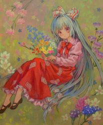 Rule 34 | 1girl, acrylic paint (medium), adapted costume, alternate costume, ama-tou, blush, bow, branch, female focus, flower, fujiwara no mokou, hair bow, hair ribbon, high heels, highres, jeweled branch of hourai, long hair, mary janes, no socks, painting (medium), red eyes, ribbon, shoes, silver hair, skirt, solo, touhou, traditional media, very long hair