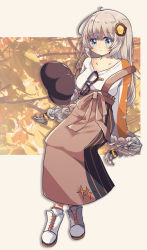 Rule 34 | 1girl, a.i. voice, absurdres, arm support, autumn leaves, beige background, black hat, blue eyes, braid, brown skirt, cabbie hat, commentary, eyewear hang, grey hair, hair ornament, hair tubes, hat, high-waist skirt, highres, holding, holding clothes, holding hat, kizuna akari, kizuna akari (a.i. voice), light smile, long hair, looking at viewer, oyasumi makura, shirt, shoes, sitting, skirt, sneakers, solo, suspender skirt, suspenders, twin braids, unworn eyewear, unworn hat, unworn headwear, very long hair, voiceroid, white footwear, white shirt