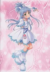Rule 34 | 1girl, absurdres, alternate hair color, blue hair, blush, boots, bow, cosplay, cure white, cure white (cosplay), detached sleeves, dress, earrings, electricity, floating hair, futari wa precure, green eyes, hair bow, hair ornament, highres, huge filesize, index (toaru majutsu no index), isshi pyuma, jewelry, knee boots, leg warmers, long hair, long sleeves, look-alike, looking at viewer, magical girl, pink background, precure, scan, short dress, smile, solo, toaru kagaku no railgun, toaru majutsu no index, very long hair, white bow, white dress, white footwear, white neckwear, white sleeves