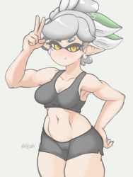 Rule 34 | + +, 1girl, asdfcobi, bare shoulders, breasts, cameltoe, cleft of venus, closed mouth, collarbone, cowboy shot, domino mask, earrings, fang, green hair, grey background, hand on own hip, highres, jewelry, looking at viewer, marie (splatoon), mask, medium breasts, midriff, mole, mole under eye, navel, nintendo, pointy ears, short hair, shorts, silver hair, simple background, smile, solo, splatoon (series), sports bra, sportswear, thick eyebrows, v, yellow eyes