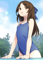 Rule 34 | 1girl, blue one-piece swimsuit, blue sky, bosshi, bow, brown eyes, brown hair, cloud, competition school swimsuit, covered navel, day, flat chest, hair bow, highres, idolmaster, idolmaster cinderella girls, idolmaster cinderella girls u149, lens flare, long hair, looking at viewer, one-piece swimsuit, outdoors, school swimsuit, sky, solo, swimsuit, tachibana arisu, tree