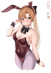 Rule 34 | 1girl, akigumo (kancolle), animal ears, bare shoulders, black bow, black bowtie, black leotard, blush, bow, bowtie, breasts, brown hair, cleavage, commentary request, cowboy shot, detached collar, fake animal ears, green eyes, grey pantyhose, grin, highres, kantai collection, leotard, long hair, looking at viewer, one-hour drawing challenge, pantyhose, playboy bunny, ponytail, simple background, small breasts, smile, strapless, strapless leotard, tf cafe, twitter username, white background, wrist cuffs