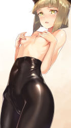 Rule 34 | 1girl, animal ears, blunt bangs, blush, breasts, brown hair, copyright request, covered navel, covering nipples, covering privates, cowboy shot, crotch seam, eyeliner, gradient background, high-waist pantyhose, highres, hip bones, makeup, pantyhose, parted lips, pc9527, short hair, simple background, skin tight, small breasts, solo, sweatdrop, topless, underboob, yellow eyes