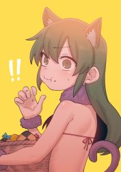 Rule 34 | !, !!, 1girl, animal ear fluff, animal ears, bare back, bare shoulders, basket, bikini, cat ears, cat tail, checkerboard cookie, chewing, closed mouth, commentary request, cookie, extra ears, food, food on face, food on hand, fur collar, green eyes, green hair, highres, holding, holding basket, igarashi futaba (shiromanta), long hair, looking to the side, purple fur, purple tail, red bikini, scrunchie, senpai ga uzai kouhai no hanashi, shiromanta, solo, surprised, sweatdrop, swimsuit, tail, upper body, wrist scrunchie, yellow background