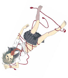 Rule 34 | 1girl, barefoot, brown hair, feet, grey eyes, harishima danchi, legs, mouth hold, navel, open clothes, open skirt, original, rope, rope marks, school uniform, skirt, solo, upside-down