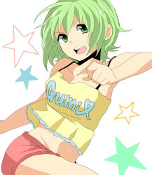 Rule 34 | 1girl, bare shoulders, chatubo, green eyes, green hair, gumi, highres, matching hair/eyes, navel, open mouth, short hair, solo, tank top, vocaloid