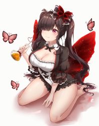 Rule 34 | 1girl, barefoot, between legs, black bow, black dress, blush, bottle, bow, bowtie, breasts, brown hair, bug, butterfly, butterfly hair ornament, cleavage, commentary request, detached collar, dress, drinking straw, eyes visible through hair, fairy wings, frilled dress, frilled sleeves, frills, full body, hair bow, hair ornament, hair over one eye, hand between legs, highres, holding, holding bottle, insect, large breasts, long hair, looking to the side, original, pink eyes, puffy short sleeves, puffy sleeves, ripong, short sleeves, sidelocks, simple background, sitting, smile, solo focus, striped, striped bow, twintails, two-tone dress, very long hair, wariza, white background, white dress, wings