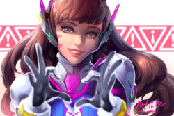 Rule 34 | 10s, 1girl, 2016, :d, animal print, armor, artist name, blurry, bodysuit, bracer, breasts, brown eyes, brown hair, d.va (overwatch), dated, depth of field, eyelashes, facepaint, facial mark, gloves, grin, hands up, headphones, heart, heart hands, high collar, lipstick, long hair, looking at viewer, makeup, mascara, matching hair/eyes, mr h.l., nose, open mouth, overwatch, overwatch 1, pauldrons, pilot suit, pink lips, rabbit print, ribbed bodysuit, shoulder armor, shoulder pads, smile, solo, whisker markings, white gloves