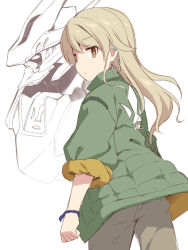 Rule 34 | 1girl, bad id, bad pixiv id, brown eyes, brown hair, character request, closed mouth, cosplay, cosplay request, earrings, fleur-de-lis, from behind, green jacket, grey pants, gundam, hair between eyes, idolmaster, idolmaster cinderella girls, jacket, jewelry, long hair, long sleeves, looking at viewer, looking back, mecha, morikubo nono, open clothes, open jacket, pants, puffy long sleeves, puffy sleeves, robot, simple background, solo focus, uccow, white background