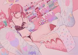 Rule 34 | 1girl, :p, bra, cake, candy, cupcake, food, food print, looking at viewer, original, p (pkochan), panties, pink theme, shoes, sitting, smile, solo, strawberry print, sweets, tongue, tongue out, underwear, undressing, yume kawaii