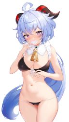 Rule 34 | 1girl, absurdres, ahoge, bell, bikini, black bikini, blue hair, blush, breasts, collar, commentary, cowbell, cowboy shot, frilled bikini, frills, front-tie bikini top, front-tie top, ganyu (genshin impact), genshin impact, goat horns, hand to own mouth, highres, horns, looking at viewer, maid, maid bikini, medium breasts, pacifier, pn (wnsl216), purple eyes, solo, standing, swimsuit, unconventional maid, white background, white collar