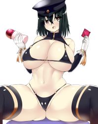 Rule 34 | 10s, 1girl, akitsu maru (kancolle), bikini, black bikini, black eyes, black thighhighs, blush, breasts, cameltoe, cleavage, cleft of venus, condom, elbow gloves, gloves, green hair, hat, highres, holding, holding condom, huge breasts, kantai collection, looking at viewer, military hat, short hair, sitting, skindentation, solo, souma (ordures), spread legs, string bikini, swimsuit, thighhighs, white gloves
