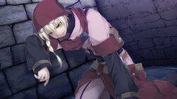Rule 34 | 1boy, against wall, atelier-moo, belt, blonde hair, braid, goggles, grey swift, hair between eyes, hat, kneeling, leaning forward, long sleeves, open mouth, red hat, short hair, solo, stone floor, stone wall, sweat, wall, wizards symphony, yellow eyes