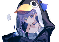 Rule 34 | ..., 1girl, animal costume, animal hood, bare shoulders, blue eyes, blush, choker, closed mouth, collarbone, commentary request, cup, fate/grand order, fate (series), food, haizome senri, highres, holding, holding cup, hood, long hair, long sleeves, looking at viewer, meltryllis (fate), meltryllis (swimsuit lancer) (first ascension) (fate), penguin costume, purple hair, shaved ice, simple background, sleeves past fingers, sleeves past wrists, solo, spaghetti strap, spoken ellipsis, sunglasses, sweat, upper body, white background