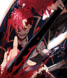 Rule 34 | 1boy, armor, blood, blood on clothes, blood on face, bloody weapon, commentary request, fate/grand order, fate/type redline, fate (series), hair over one eye, highres, holding, holding polearm, holding weapon, japanese clothes, jinbaori, koha-ace, long hair, long sleeves, looking at viewer, male focus, mori nagayoshi (fate), open mouth, polearm, ponytail, red hair, sharp teeth, simple background, smile, solo, spear, spiked hair, tassel, teeth, upper body, weapon, white background, yellow eyes, zhong gallery