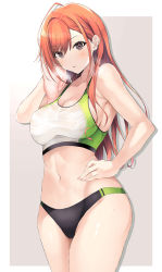 Rule 34 | 1girl, arisugawa natsuha, bare arms, bare shoulders, blush, breasts, cleavage, commentary request, cowboy shot, hand on own hip, highres, idolmaster, idolmaster shiny colors, inuzumi masaki, large breasts, long hair, looking at viewer, midriff, navel, orange hair, parted lips, simple background, solo, sports bra, stomach, thighs, towel, track and field, track uniform, two-tone sports bra, wiping sweat