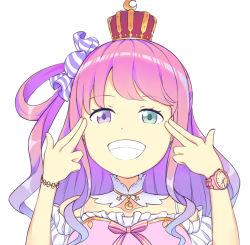 Rule 34 | 1girl, arms up, breasts, candy hair ornament, crown, dababy (rapper), derivative work, destinyuu081, double finger gun, finger gun, finger gun to head, food-themed hair ornament, gradient hair, green eyes, grin, hair ornament, hair rings, heterochromia, highres, himemori luna, himemori luna (1st costume), hololive, long hair, medium breasts, mini crown, multicolored hair, one side up, parody, photo-referenced, pink hair, princess, purple eyes, purple hair, real life, simple background, smile, teeth, virtual youtuber, watch, wavy hair, white background, wristwatch