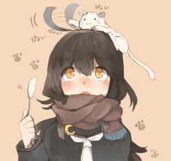 Rule 34 | 10s, 1girl, :3, :o, ;3, afterimage, ahoge, animal, animal on head, black hair, black serafuku, blush, brown scarf, cat, cat on head, cat teaser, crescent, eyebrows, holding, ina (1813576), kantai collection, long hair, long sleeves, looking up, mikazuki (kancolle), neckerchief, on head, one eye closed, open mouth, paw print, playing, scarf, school uniform, serafuku, simple background, tail, upper body, white neckerchief, yellow eyes