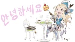 Rule 34 | 1girl, :d, arm guards, arm up, armor, armored boots, blonde hair, blue eyes, book, boots, bow, bravely default (series), bravely second: end layer, cake, chair, coffee, cup, dress, eating, edea lee, faulds, food, fork, fruit, greaves, hair bow, hair ornament, highres, ikusy, korean text, long hair, mug, official art, open mouth, petals, round table, short dress, sidelocks, sitting, smile, square enix, strawberry, table