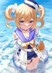 Rule 34 | 1girl, absurdres, animal bag, art itou, barbara (genshin impact), barbara (summertime sparkle) (genshin impact), beach, bird, blonde hair, blue choker, blue eyes, blue one-piece swimsuit, blush, choker, closed mouth, commentary request, covered navel, drill hair, duck, from above, genshin impact, hat, high-waist shorts, highres, in water, looking at viewer, official alternate costume, one-piece swimsuit, partially submerged, sailor hat, shorts, smile, swimsuit, thigh strap, thighs, twin drills, wading, water, white hat