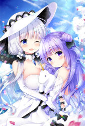Rule 34 | 2girls, ;d, ahoge, azur lane, bare shoulders, black bow, black ribbon, blue sky, blunt bangs, blush, bow, breasts, closed mouth, cloud, collarbone, commentary request, day, detached sleeves, dress, elbow gloves, gloves, hair bun, hair ribbon, hat, head tilt, hugging object, illustrious (azur lane), large breasts, long hair, long sleeves, looking at viewer, multiple girls, murasaki (murasakiiro no yoru), one eye closed, one side up, open mouth, outdoors, petals, purple eyes, purple hair, ribbon, side bun, silver hair, single hair bun, single side bun, sky, smile, strapless, strapless dress, stuffed animal, stuffed pegasus, stuffed toy, stuffed unicorn, stuffed winged unicorn, unicorn (azur lane), very long hair, white dress, white gloves, white hat