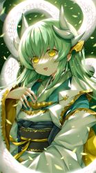 Rule 34 | 1girl, :d, blurry, blush, commentary request, dragon horns, fang, fate/grand order, fate (series), gradient background, green background, green hair, hand on own chest, hand up, highres, horns, japanese clothes, kimono, kiyohime (fate), long hair, long sleeves, looking at viewer, morizono shiki, nail polish, obi, open mouth, petals, sash, smile, snake, solo, upper body, white snake, wide sleeves, yellow eyes