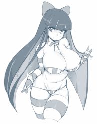 Rule 34 | 1girl, bikini, bow, breasts, cleavage, colored inner hair, curvy, doodle, hair bow, hair ribbon, highres, large breasts, long hair, looking at viewer, monochrome, multicolored hair, panty &amp; stocking with garterbelt, plump, ribbon, simple background, slugbox, solo, stocking (psg), striped clothes, striped thighhighs, swimsuit, thick thighs, thighhighs, thighs, white background, wide hips