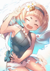 Rule 34 | 1girl, ^ ^, blue hair, closed eyes, closed eyes, fire emblem, fire emblem heroes, flower, hair flower, hair ornament, hairband, highres, multicolored hair, nakabayashi zun, nintendo, one-piece swimsuit, open mouth, short hair, solo, swimsuit, white hair, ylgr (fire emblem)