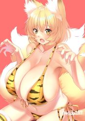 Rule 34 | 1girl, :o, animal ear fluff, animal ears, animal print, bare shoulders, blonde hair, blush, breasts, claw pose, cleavage, collarbone, fang, fingernails, fox ears, fox tail, fur trim, hair between eyes, hands up, huge breasts, multiple tails, no headwear, no headwear, open mouth, plump, red background, short hair, simple background, solo, tail, thighhighs, thighs, tiger print, touhou, wildcat (kusonemi), yakumo ran, yellow eyes