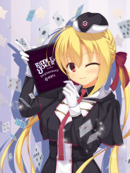Rule 34 | 1girl, :3, absurdres, anniversary, arihara nanami, black capelet, black hat, black jacket, blonde hair, blush, braid, capelet, card, closed mouth, commentary request, copyright name, drop shadow, eyes visible through hair, floating card, garrison cap, gloves, hair between eyes, hands up, happy, hat, highres, holding, holding sign, jacket, long hair, long sleeves, looking at viewer, low twintails, military uniform, necktie, one eye closed, playing card, red eyes, red necktie, reiji tsukimi, riddle joker, side braid, sign, simple background, smile, solo, sparks, star (symbol), straight hair, tsurime, twintails, uniform, upper body, v, very long hair, white gloves