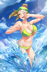 Rule 34 | 1girl, :d, bikini, blonde hair, blue sky, breasts, cleavage, cloud, collarbone, covering face, day, front-tie bikini top, front-tie top, green bikini, hair ornament, hair scrunchie, hands up, large breasts, looking at viewer, obaoba (monkeyix), one eye closed, open mouth, original, outdoors, pink scrunchie, ponytail, scrunchie, sky, smile, solo, standing, swimsuit, teeth, upper teeth only, wading, water, yellow eyes