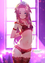 Rule 34 | 1girl, aerith gainsborough, arm strap, arms behind back, artist name, backlighting, bare shoulders, blue eyes, blush, bow, bow bra, bow panties, bra, breasts, closed mouth, collarbone, commentary, cowboy shot, english commentary, final fantasy, final fantasy vii, forehead, gluteal fold, highres, indoors, jewelry, lace, lace-trimmed bra, lace-trimmed panties, lace trim, long hair, looking at viewer, navel, necklace, panties, red bow, red bra, red hair, red panties, red thighhighs, small breasts, smile, solo, square enix, stomach, strap slip, sydus, thigh gap, thighhighs, underwear, underwear only, undressing, watermark, web address, window