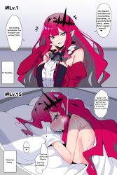 Rule 34 | 1girl, 2koma, absurdres, aftersex, bare shoulders, bed, blanket, blush, breasts, circlet, comic, detached sleeves, dress, english text, baobhan sith (fate), fate/grand order, fate (series), frilled dress, frills, grey eyes, hard-translated, highres, indoors, instant loss, long hair, looking at viewer, medium breasts, nude, on bed, open mouth, pink hair, pointy ears, red dress, s ryouchi, sideboob, sidelocks, smug, solo, speech bubble, stray pubic hair, sweat, third-party edit, tiara, translated, upper body