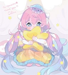 Rule 34 | 1girl, blue eyes, blue hair, commission, hanachu, highres, indie virtual youtuber, jellyfish, metunq, multicolored hair, hugging object, pale skin, pillow, pillow hug, pink hair, purple hair, skeb commission, solo, star (symbol), twintails, virtual youtuber