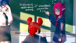 Rule 34 | 3girls, alternate hairstyle, animal ears, black skirt, blue hair, blue serafuku, blue shirt, blue skirt, braid, chalk, chalkboard, claivin, classroom, commentary, english commentary, exasperation, hakos baelz, halo, heterochromia, highres, holding, holding chalk, hololive, hololive english, horns, indoors, irys (gaming casual) (hololive), irys (hololive), long sleeves, low twin braids, math, mouse ears, multiple girls, neckerchief, official alternate costume, ouro kronii, pencil skirt, pleated skirt, pointy ears, ponytail, red hair, red neckerchief, round eyewear, school uniform, serafuku, shirt, skirt, twin braids, virtual youtuber, you&#039;re doing it wrong