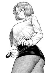 Rule 34 | 1girl, absurdres, ass, blush, breasts, closed mouth, collared shirt, cowboy shot, dress shirt, eyelashes, from side, greyscale, highres, holding, holding pen, korean commentary, large breasts, long sleeves, looking at viewer, medium hair, miniskirt, monochrome, necktie, office lady, original, pantyhose, parted bangs, pen, pencil skirt, shirt, shirt tucked in, short hair, simple background, sinssa4, skirt, solo, standing, sweatdrop, thick thighs, thighs, white background, white shirt, wing collar