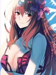 Rule 34 | 1girl, bikini, breasts, cleavage, commentary request, fate/grand order, fate (series), flower, hair flower, hair intakes, hair ornament, hibiscus, highres, large breasts, looking at viewer, nicky w, pink bikini, purple bikini, purple hair, red eyes, scathach (fate), scathach (fate), scathach (swimsuit assassin) (fate), shade, solo, swimsuit
