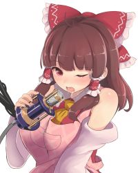 Rule 34 | 1girl, apron, ascot, bare shoulders, blunt bangs, blush, bow, breasts, brown hair, commentary request, cookie (touhou), detached sleeves, hair bow, hair tubes, hakurei reimu, holding, long hair, long sleeves, looking at viewer, microphone, onakon 3-nichi-me, one eye closed, open mouth, pink apron, pink eyes, red bow, saliva, sexually suggestive, sidelocks, simple background, solo, tongue, touhou, upper body, white background