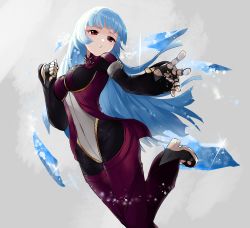 Rule 34 | 1girl, absurdres, blue hair, highres, ice, kula diamond, long hair, red eyes, simple background, snk, the king of fighters, white background