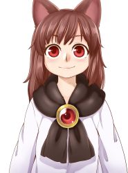 Rule 34 | 1girl, aged down, animal ears, blush, brown hair, child, commentary request, dress, gem, imaizumi kagerou, long hair, looking at viewer, poronegi, red eyes, scarf, simple background, smile, solo, touhou, upper body, white background, white dress, wolf ears